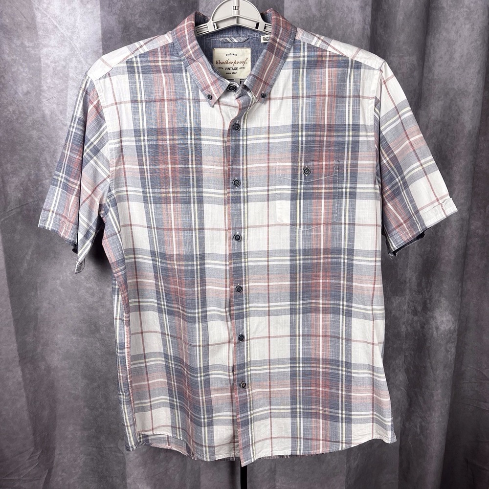 Original Weatherproof Men's Shirt XL Button Up S/S Blue/Red Plaid‎ 100% Cotton